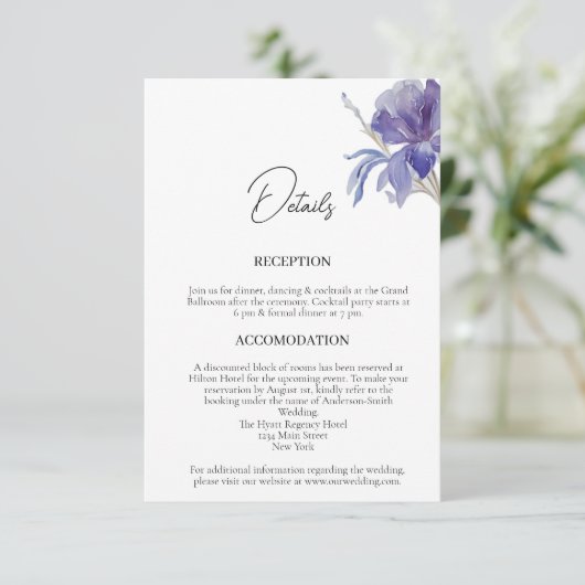 Paarse Iris Waterverf bruiloft - Gegevens Informatiekaartje (Staand voorkant)