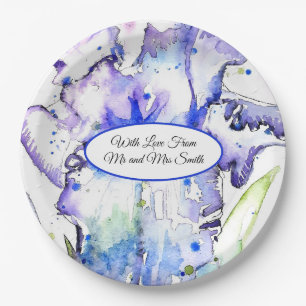 Paarse Iris Waterverf Irissen Blauwe Bruiloft Papieren Bordje