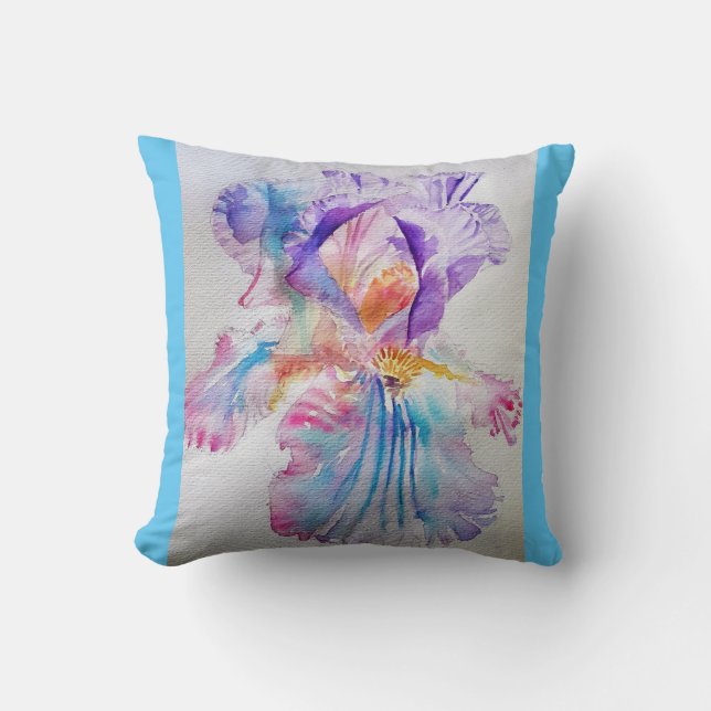 Paarse Iris Waterverf lichtblauw Cushion  Kussen (Voorkant)