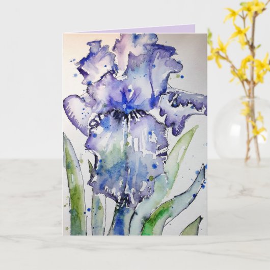 Paarse Iris Waterverf Schilderij Bloemen Kaart (Gele Bloem)