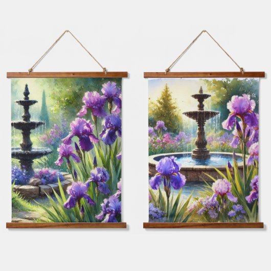 Paarse Irisbloemen en fontein Hangend Wandkleed (Dubbel)