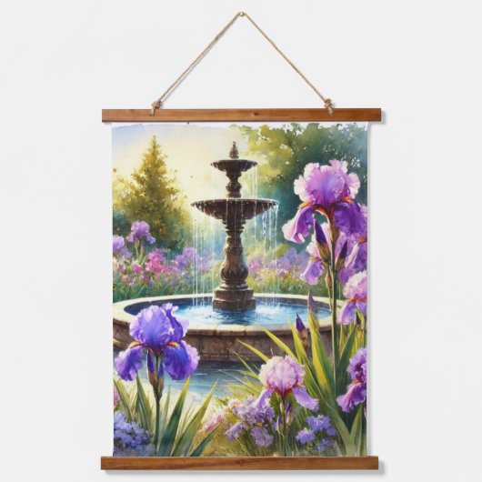 Paarse Irisbloemen en fontein Hangend Wandkleed (Voorkant 2)