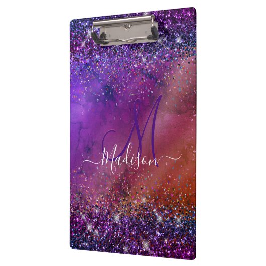 Paarse iriscent geborsteld metaal glitter monogram klembord (Links)