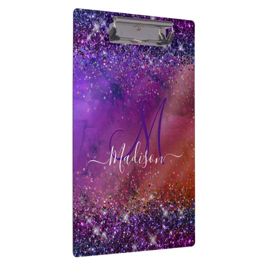 Paarse iriscent geborsteld metaal glitter monogram klembord (Rechts)