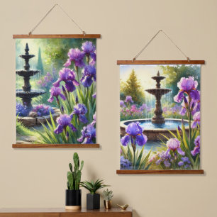Paarse Irissen Bloemen en Fontein Hangend Wandkleed