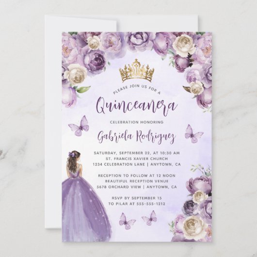 Paarse Ivoor Gouden Bloemen Waterverf Quinceañera Kaart (Voorkant)