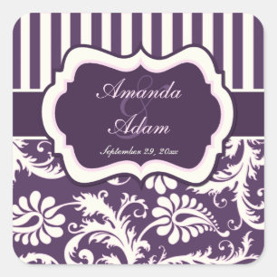Paarse, Ivoor, Roze Gestreepte Damask Bruiloft Sti Vierkante Sticker