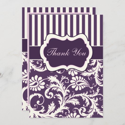 Paarse, Ivoor, Roze Gestreepte Damask Dank u kaart (Voorkant / Achterkant)