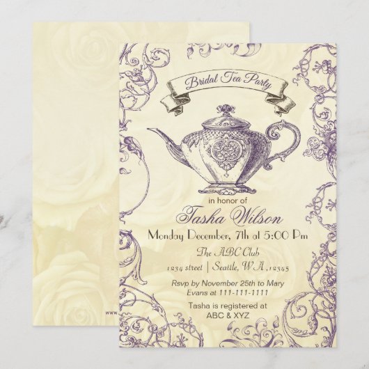 Paarse Ivory Rozen  Bridal Tea Kaart (Voorkant / Achterkant)