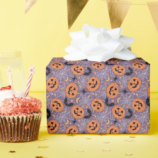 Paarse Jack-O-Lantern Halloweenpatroon Cadeaupapier (Verjaardagsfeest)