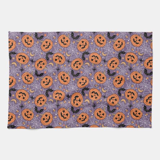 Paarse Jack-O-Lantern Halloweenpatroon Theedoek (Horizontaal)
