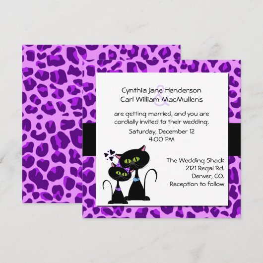 Paarse Jaguar Print & Black Cat Wedding Invitation Kaart (Voorkant / Achterkant)