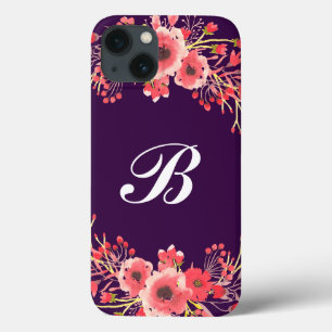 Paarse Jewel Tone Waterverf Flowers Monogrammen iPhone 13 Hoesje