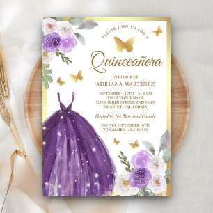 Paarse jurk bloem vlinder goud Quinceanera Kaart