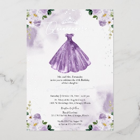 Paarse jurk Quincenera Folie Uitnodiging (Voorkant)