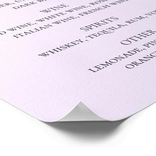 Paarse kalligrafiescript bruiloft drink bar menu poster (Hoek)