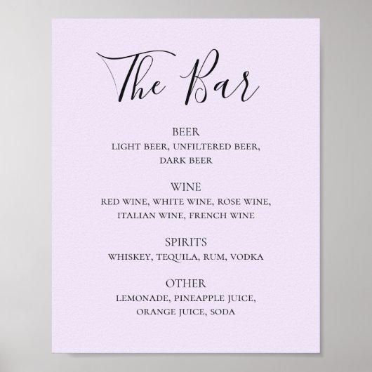 Paarse kalligrafiescript bruiloft drink bar menu poster (Voorkant)