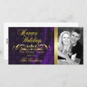 Paarse kant zijde & gouden rol kerst foto kaart (Voorkant / Achterkant)