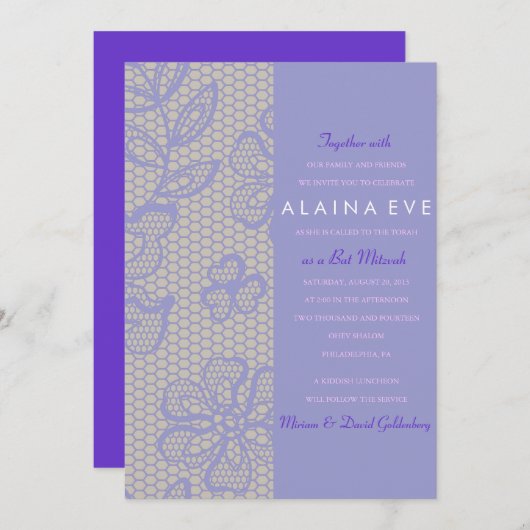  PAARSE kanten bar bat mitswa uitnodiging (Voorkant / Achterkant)
