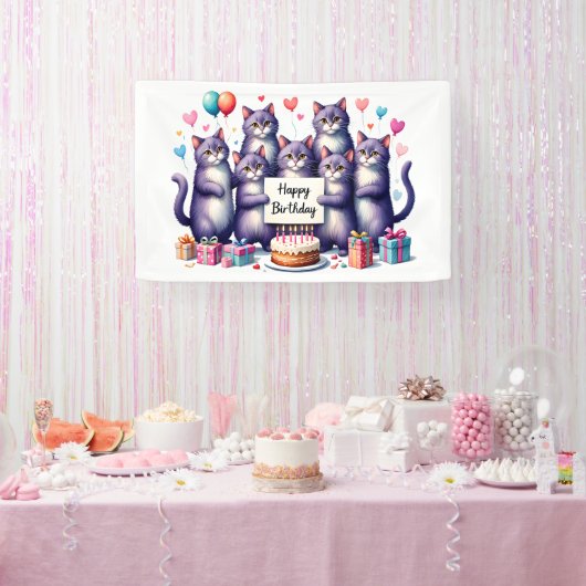 Paarse kat verjaardagsfeest illustratie spandoek (Feest)