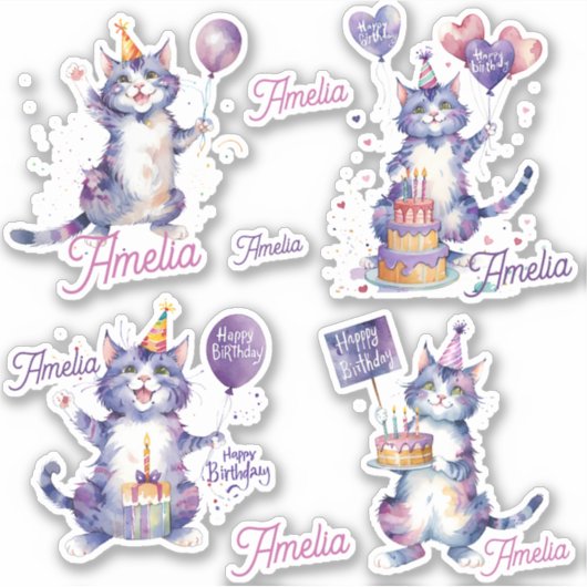 Paarse katten Happy Birthday gepersonaliseerd Sticker (Voorkant)