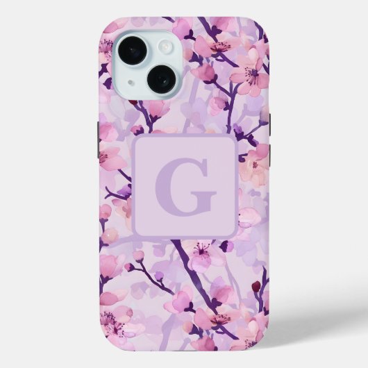 Paarse kersenbloesems gepersonaliseerd monogram Case-Mate iPhone case (Achterkant)