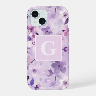 Paarse kersenbloesems gepersonaliseerd monogram iPhone 15 hoesje
