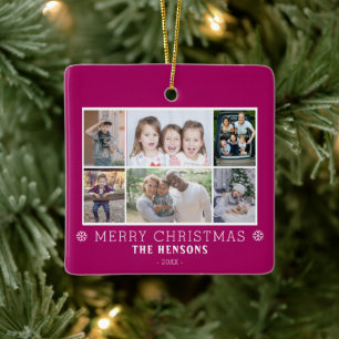 Paarse kerst familie 6 foto collage keramisch ornament