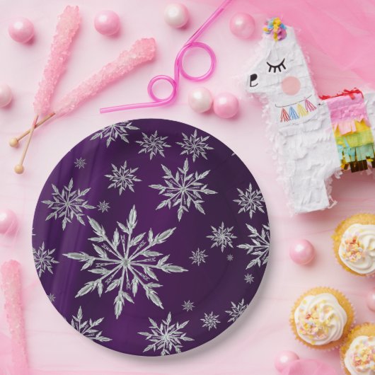 Paarse kerststerren met wit ijskristal papieren bordje (Feest)