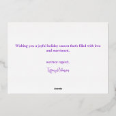 Paarse Kerstvreugde en Wit Echte Folie Feestdagenkaart (Achterkant)