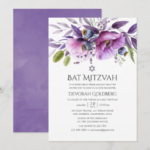 Paarse Klaproos Bloemige Bat Mitzvah Kaart