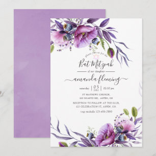 Paarse Klaproos Bloemige Bat Mitzvah Kaart