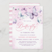 Paarse kleine vlinder babymeisje 1e verjaardag kaart (Voorkant / Achterkant)
