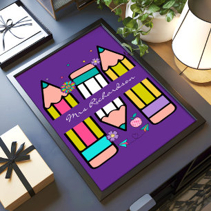 Paarse Kleurrijke Leraar Cartoon Potlood Poster