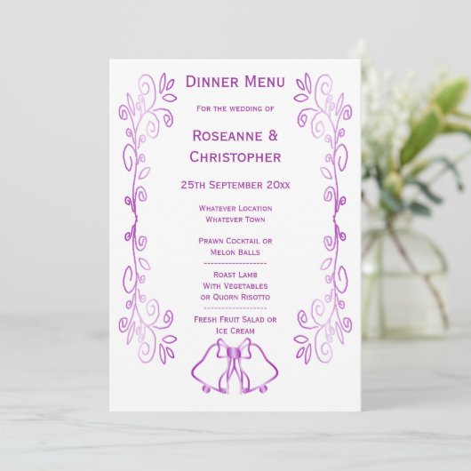 Paarse klokken Scrollwork Ontwerp Wedding Menu (Staand voorkant)