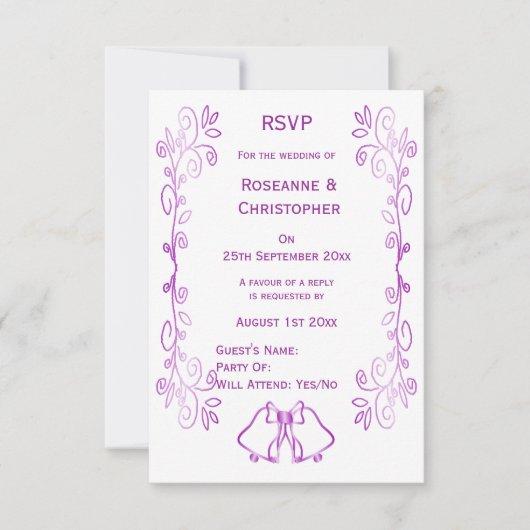 Paarse klokken Scrollwork Ontwerp Wedding RSVP Kaartje (Voorkant)