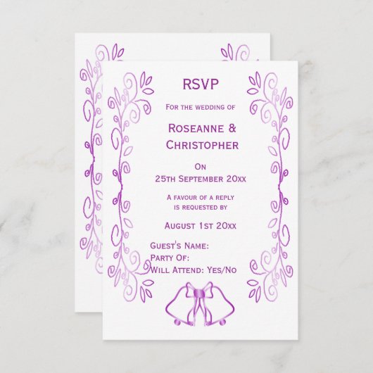 Paarse klokken Scrollwork Ontwerp Wedding RSVP Kaartje (Voorkant / Achterkant)