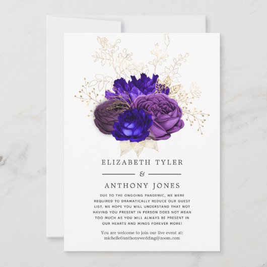 Paarse, Koningsblauwe en Gouden Bloemen Bruiloftsg Aankondiging (Voorkant)