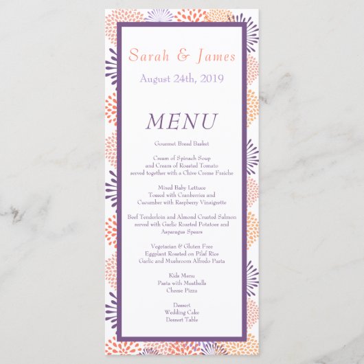 Paarse & koraal bloesems bruiloft menu (Voorkant)