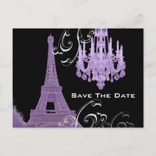 Paarse Kroonluchter Eiffeltoren Save The Date Aankondigingskaart