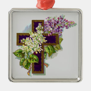 Paarse Kruis En Bloemen Metalen Ornament