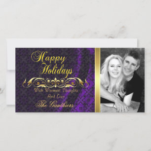 Paarse Lace Silk & Gold Scroll Holiday Fotokaart Feestdagenkaart