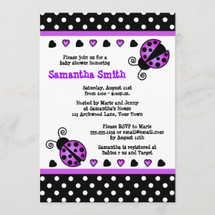Paarse Ladybug Baby shower Black White Polka Dots Kaart