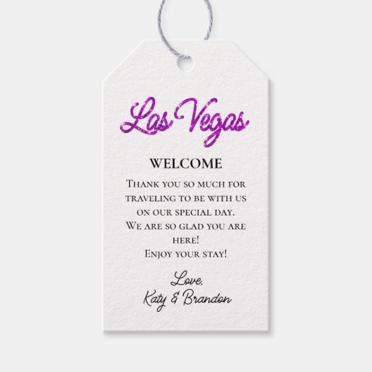 Paarse Las Vegas Sparkles Bruiloft Welkom Cadeaulabel (Voorkant)