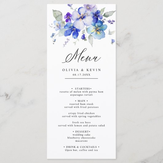 Paarse lavendel blauw marine stoffige bloemen brui menu (Voorkant)