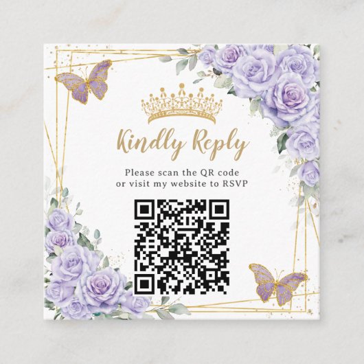 Paarse Lavendel Bloemen Goud Quinceañera QR Code Informatiekaartje (Voorkant)