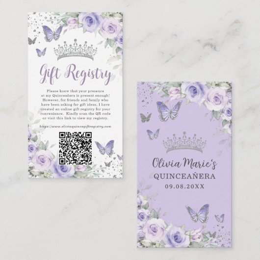 Paarse Lavendel Bloemen Quinceanera Gift Registry Informatiekaartje (Voorkant / Achterkant)