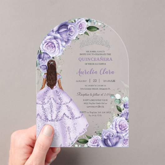 Paarse Lavendel Bloemen Zilver Quinceañera Sweet 1 Acryl Uitnodigingen (Insitu (Draagbaar))