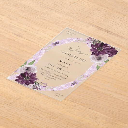 Paarse & Lavendel Bloemenring Bruiloft V2 Acryl Uitnodigingen (Laagn)