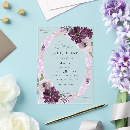Paarse & Lavendel Bloemenring Bruiloft V2 Acryl Uitnodigingen (Insitu (Huwelijk))